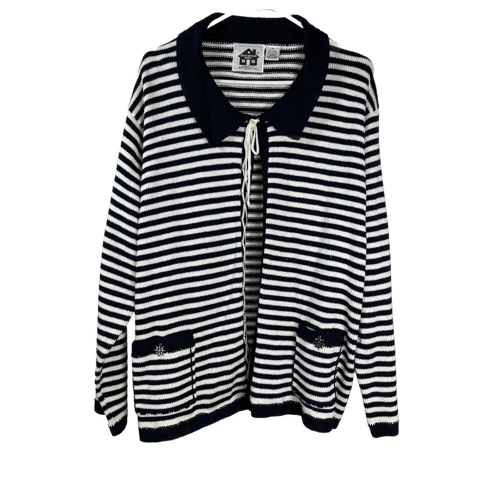 Storybook Knits Nautical Sailor Anchor Navy White Stripe Cardigan Sweater 2x